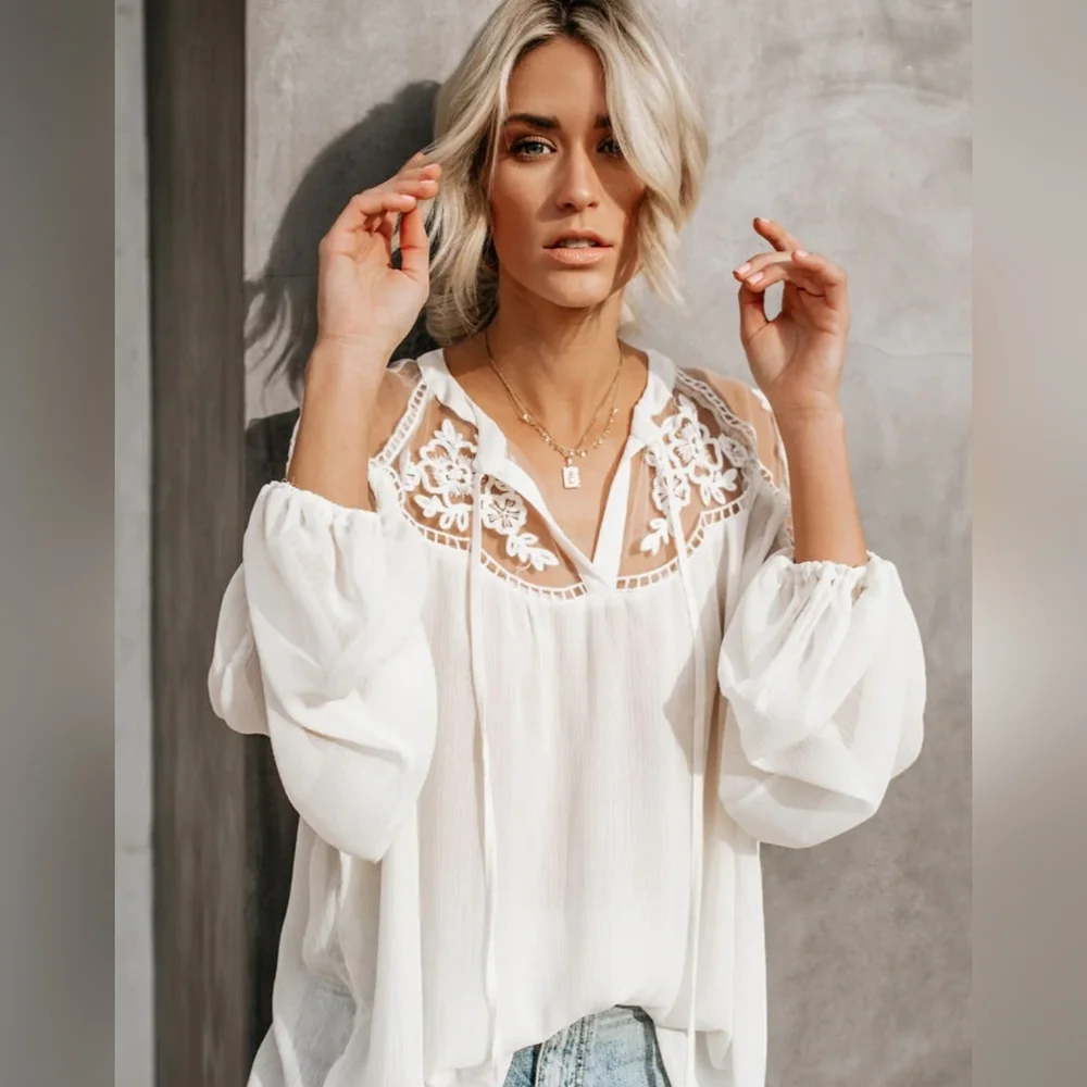 NEW Boho Embroidered Sheer Bishop Sleeve Gypsy Top Off White